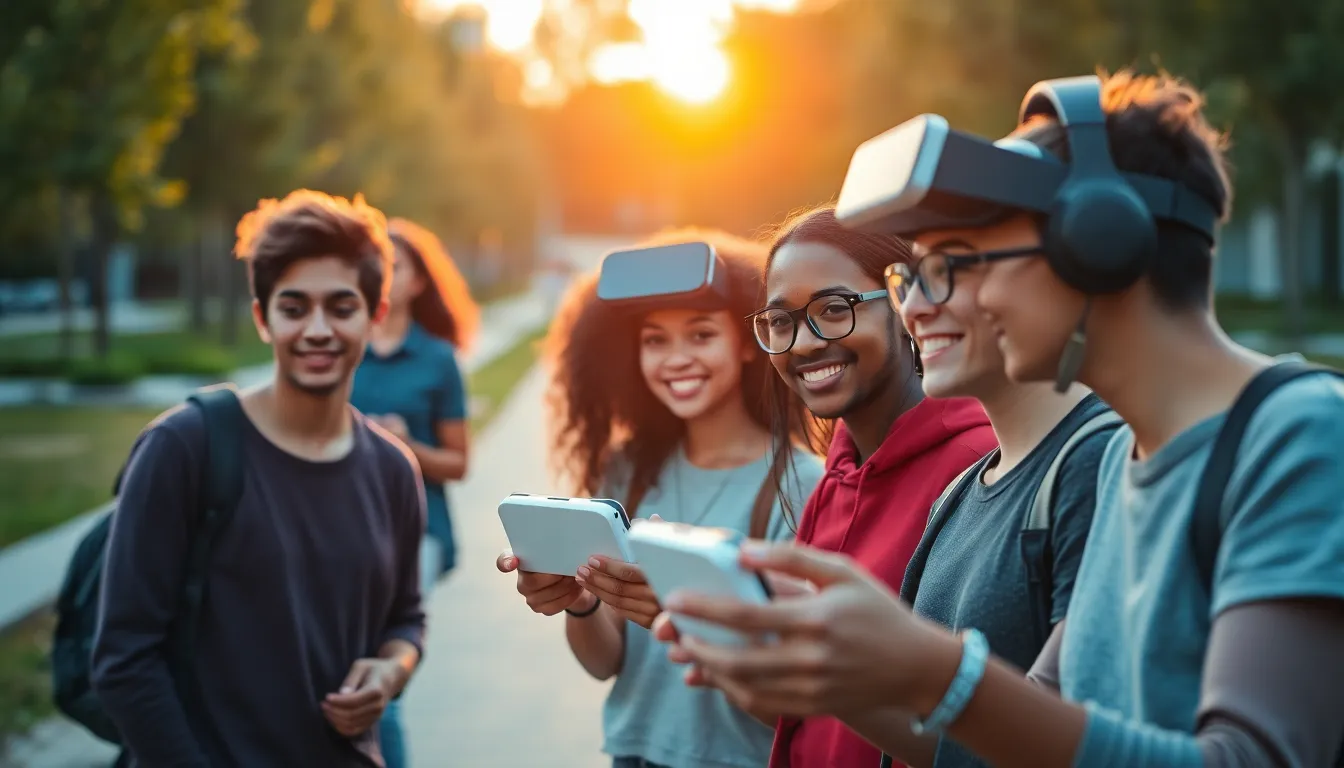 Augmented Reality Gaming in Tech Park This dynamic scene showcases a group of young adults experiencing augmented reality gaming in a tech park during golden hour. Warm light bathes their faces, highlighting their expressions of excitement and engagement. With a shallow depth of field, the focus remains on the players as the park's greenery softly blurs in the background. The image's teal and orange grading adds a cinematic touch, enhancing the overall atmosphere.