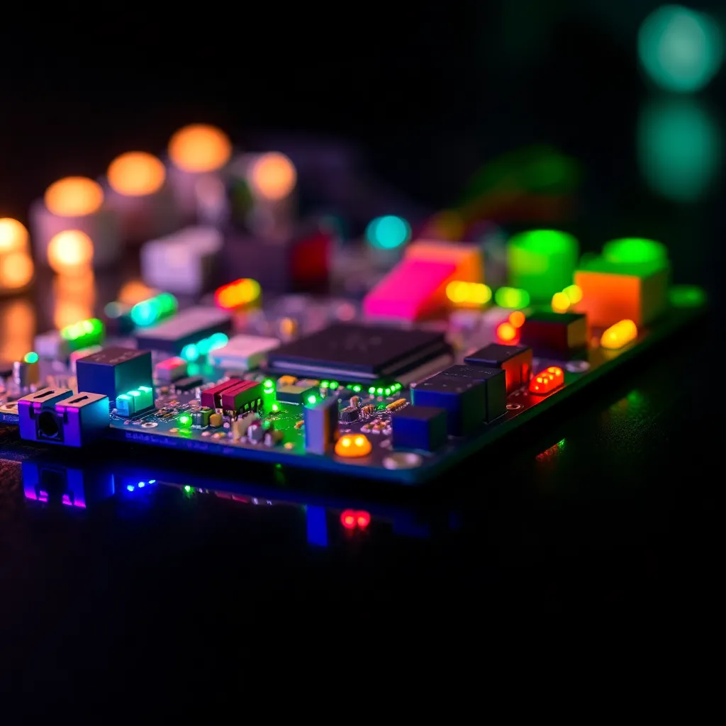 A macro shot showcases an intricate circuit board adorned with colorful LED lights, resting on a glossy black surface. The vibrant colors pulse against the dark background, creating a striking visual. High-quality lighting reveals the detailed textures of the circuit components, while a shallow depth of field draws the viewer's eye to the complexity of modern technology. The centered composition highlights the beauty of innovation and electronic design.
