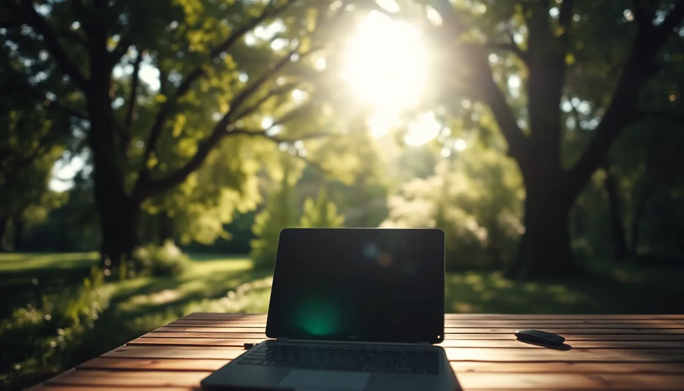 Outdoor Workspace Surrounded by Nature In this tranquil scene, a stylish laptop rests on a rustic wooden desk, surrounded by lush greenery in an outdoor workspace. The dappled sunlight filters through the tree canopy, casting soothing patterns of light and shadow. The soft, muted tones of the environment create a harmonious blend, inviting productivity and peace amidst nature’s beauty.