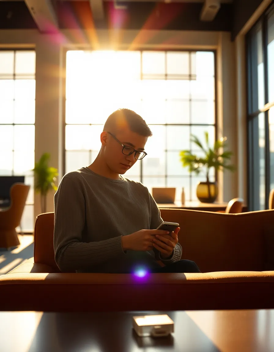 AI Technology in Modern Office Workspace A modern office bathed in warm sunlight becomes a cozy workspace as an employee engages with cutting-edge AI technology. The butterfly lighting accentuates the textures of soft fabrics and sleek devices while the background beautifully blurs with a shallow depth of field. The Kodak Portra 400 color palette lends a warm and inviting feel to the composition, and the framing through stylish office furniture adds depth. This image reflects the integration of technology in today’s work environment.