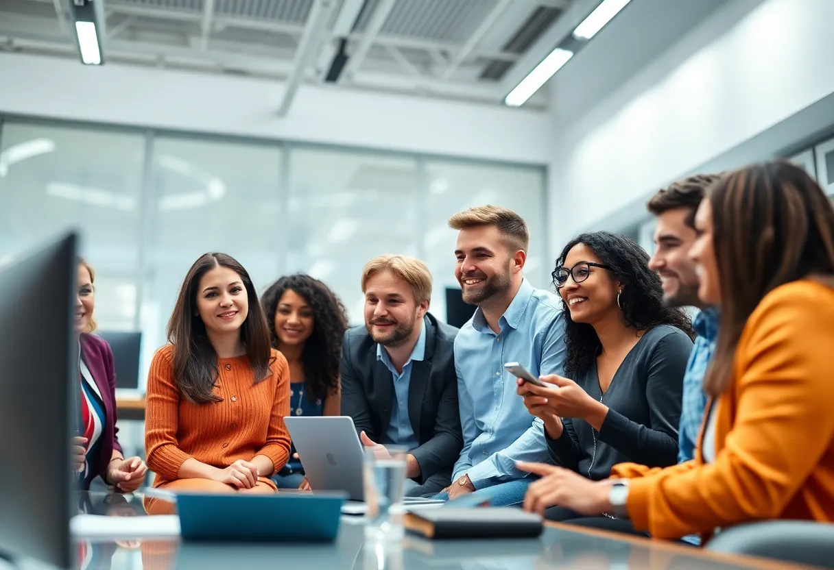 Diverse Team Collaborating in High-Tech Environment This image captures a dynamic scene of a diverse group of professionals collaborating in a high-tech conference room. Bright white lighting fills the space, creating an energetic atmosphere that enhances their engaged expressions. With a shallow depth of field, the focus remains on the team members while the background blurs into a harmonious blend. The colorful palette embodies innovation and creativity, while the composition emphasizes the collaboration and interaction among the individuals, reflecting the future of teamwork.