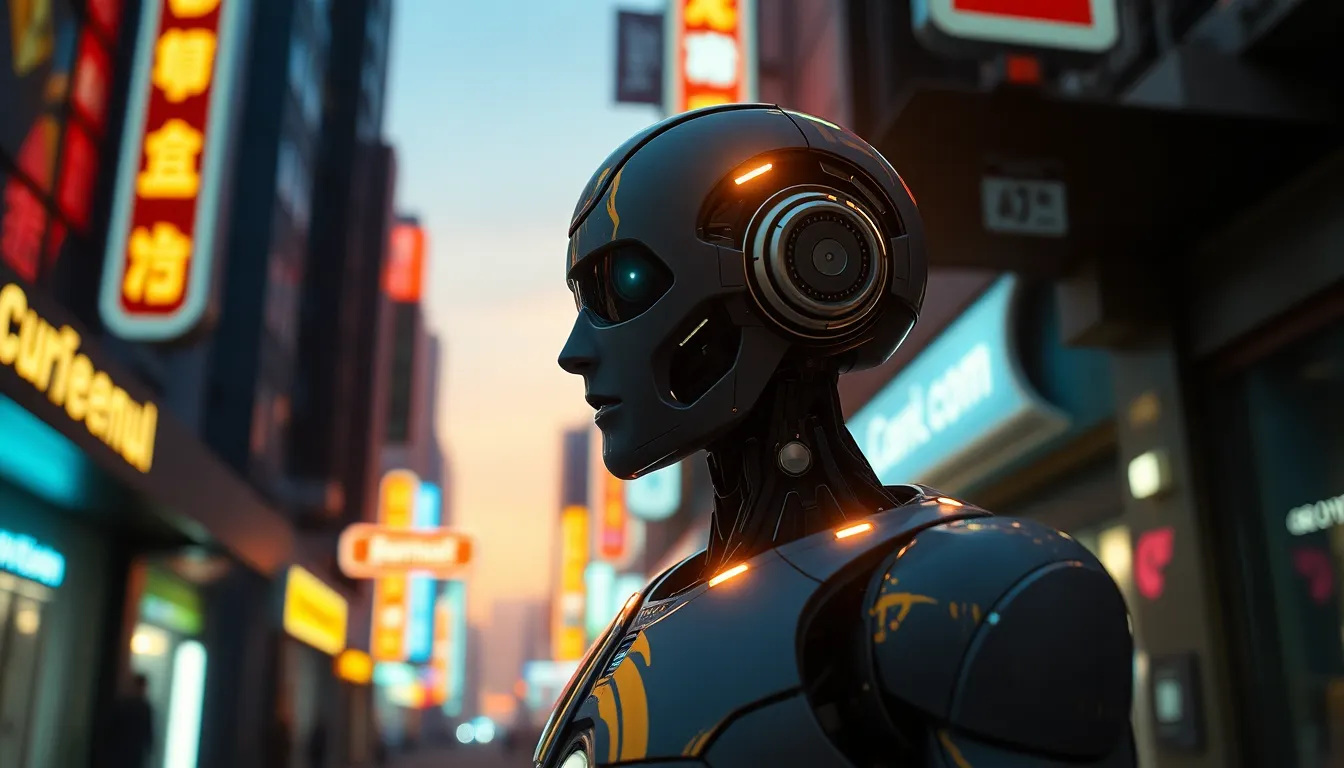 Humanoid Robot in Futuristic City A humanoid robot stands against a backdrop of futuristic architecture as twilight sets in, casting warm rim light for an ethereal effect. The soft bokeh enhances the urban scene, while neon lights add an electric touch to the atmosphere. Positioned according to the rule of thirds, the robot's intricate details are highlighted against the blurred cityscape, creating a stunning juxtaposition of technology and modern design. This image encapsulates the possibilities of artificial intelligence in future urban environments.