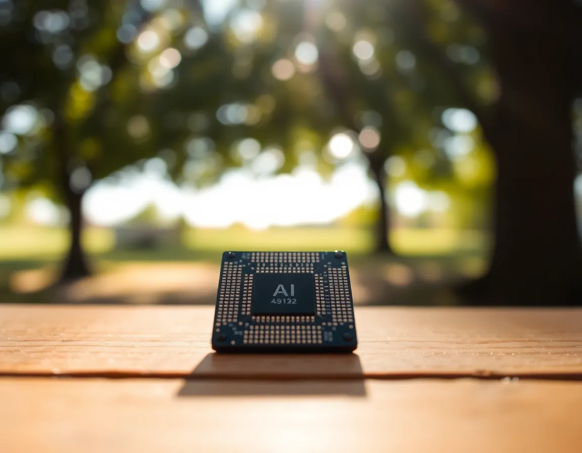 AI Chip on Wooden Table in Natural Light This captivating macro shot features an intricate AI chip resting on a weathered wooden table, illuminated by dappled sunlight filtering through the trees. The shallow depth of field draws attention to the chip's fine details while the surrounding bokeh creates a dreamy atmosphere. Natural tones and soft shadows enhance the organic feel of the scene, while the composition places the chip strategically in the frame, showcasing its technological intricacy against a rustic backdrop.
