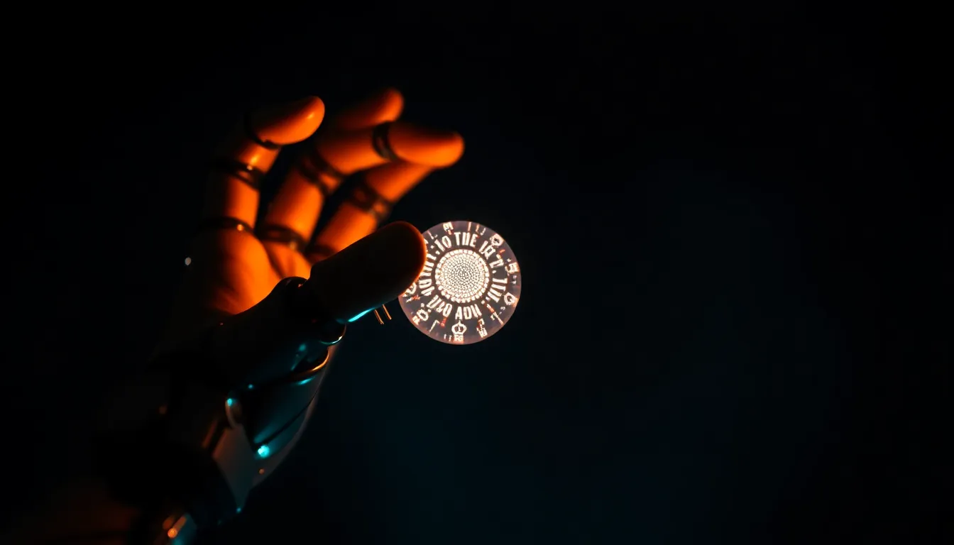 Robotic Hand Holding AI Core This captivating close-up image presents a robotic hand holding a glowing AI core against a dark backdrop. The dramatic studio lighting highlights the intricacies of the mechanical hand while casting deep shadows for added depth. The glowing core signifies advanced technology, enhancing the futuristic theme of the image. With a shallow depth of field, the focus remains razor-sharp on the core, inviting intrigue and wonder.