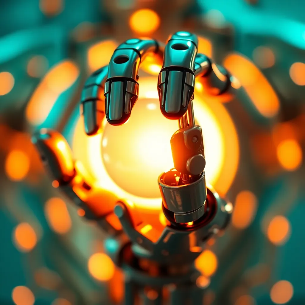 Close-Up of Robotic Hand with Glowing Orb This macro shot captures a striking close-up of a robotic hand delicately holding a luminous orb of light. The warm tungsten lighting enhances the metal textures and casts interesting shadows, creating a sense of depth. The cinematic color grading in teal and orange adds a futuristic feel to the image, while the creamy bokeh separates the subject from the background. This photograph beautifully embodies the blend of technology and artistry.