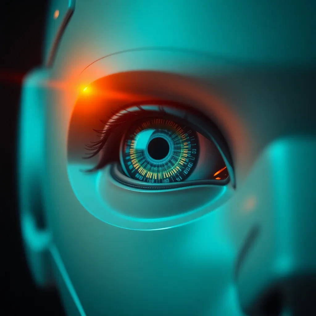 This striking close-up image captures the mesmerizing detail of a humanoid robot's eye, reflecting a dynamic digital interface filled with lines of code. The dramatic lighting emphasizes the textures and contours of the robotic features, while a cinematic teal and orange color palette adds a futuristic touch. The centered composition draws the viewer's attention to the eye's intricate details, making it a powerful representation of artificial intelligence.