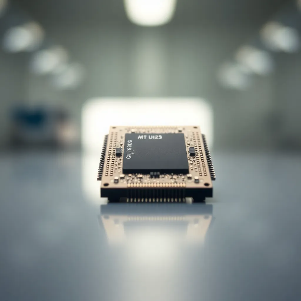 Close-Up of Intricate Silicon Chip in Laboratory This macro shot highlights the intricate details of a silicon chip set against a clean laboratory backdrop. Soft ambient light illuminates the micro circuitry, revealing its sleek metallic silver surface and hints of blue. With a shallow depth of field, the background softly blurs into a dreamy bokeh, drawing attention to the chip's technological intricacies. The composition is minimalistic, focusing on the craftsmanship of the chip within the world of advanced technology.