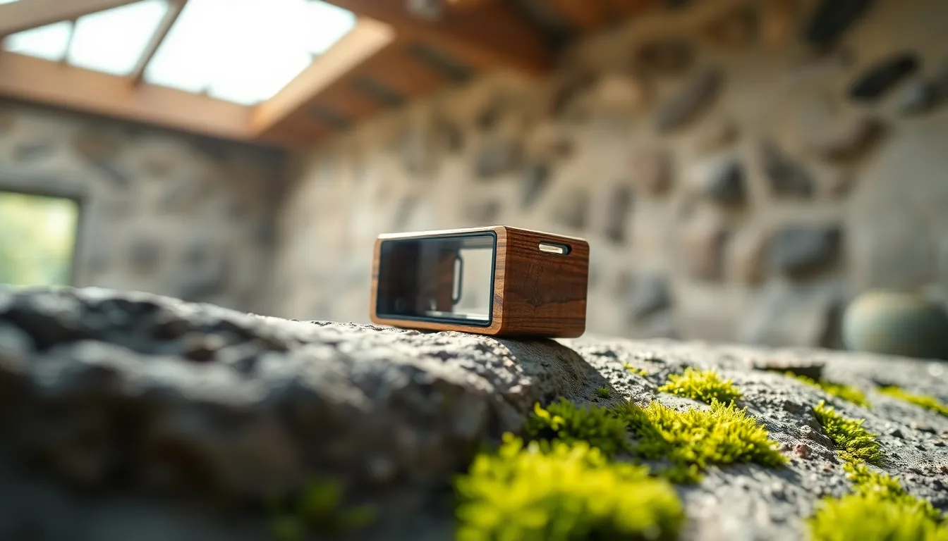 This image showcases a beautifully crafted tech device made of organic materials, resting on a textured stone surface embellished with delicate moss. Soft, diffused daylight from an overhead skylight enhances the natural tones of wood and glass, creating a harmonious blend of technology and nature. The shallow depth of field captures the details of the device while presenting a dreamy bokeh in the background, leading the viewer's eye gently toward the subject. The composition reflects innovation grounded in nature.