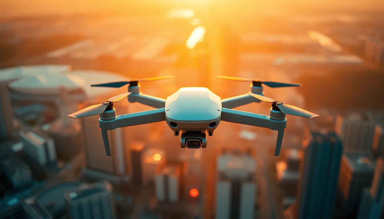 In this captivating image, a sleek futuristic drone hovers gracefully above a vibrant cityscape at sunset. The warm golden hour light creates a beautiful halo effect around the drone, while the shallow depth of field draws the viewer's attention to its intricate design. The city below melts into a soft painterly bokeh, enhancing the sense of depth and atmosphere. The color palette, inspired by Kodak Portra 400, emphasizes warm tones and gives the scene a nostalgic yet modern feel.