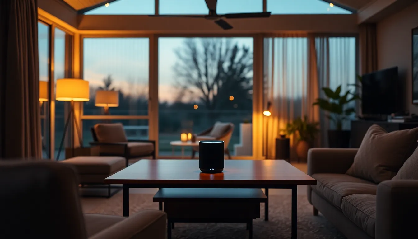 This image showcases a beautifully designed smart home interior bathed in the warm glow of tungsten lighting at dusk. The focus on a sleek smart speaker emphasizes the integration of technology within a cozy living space. Muted earth tones add to the ambiance and tranquility, while the symmetrical composition provides a sense of balance and harmony, perfect for illustrating modern living with advanced technology.