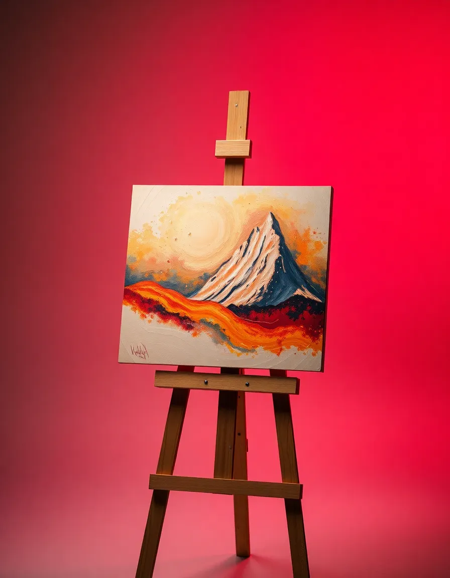 AI-Generated Artwork in Studio This captivating studio shot highlights AI-generated artwork displayed on an easel, emphasizing the intersection of art and technology. The well-lit scene captures the intricate details and vibrant colors of the artwork, enhanced by a soft background bokeh. The warm color palette creates an inviting atmosphere, while the composition draws attention to the artwork's creativity. This image serves as a powerful representation of the potential of AI in the creative process.