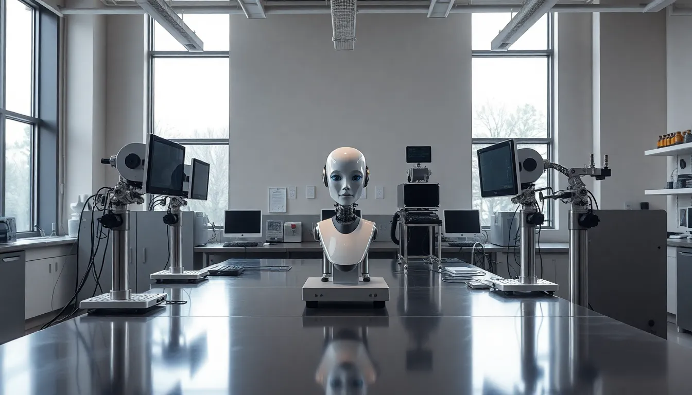 High-Tech Lab with AI Models This image showcases a sophisticated tech lab filled with AI models and advanced equipment, illuminated by soft overcast daylight. The hyperfocal distance ensures sharpness from the foreground to the back, displaying the precision of the lab's layout. Natural muted tones complement the brushed stainless steel surfaces, while the symmetrical composition creates a sense of order and professionalism. The overall mood of the image reflects innovation and exploration in the field of artificial intelligence.