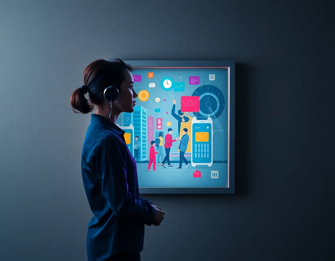 This striking image features a concept art piece that creatively depicts the integration of AI in everyday life, captured under professional studio lighting. Utilizing polished butterfly lighting, the artwork comes to life with vivid colors and dynamic shadows, underscoring the innovative vision. The symmetrical composition centers the art against a carefully chosen textured backdrop, enhancing the visual appeal as viewers are drawn into this imaginative representation of technology's future.