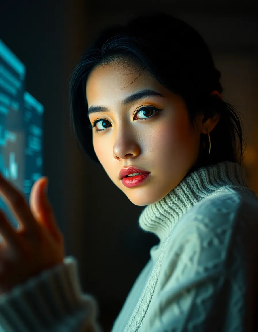 This engaging portrait features a young woman as she interacts with a captivating holographic AI interface. The dramatic backlighting creates an ethereal glow around her, emphasizing her features and the subtle textures of her cozy sweater. The warm skin tones from the Kodak Portra 400 palette enhance the inviting mood. The composition focuses closely on her expression, drawing viewers into her interaction with technology, making it both intimate and futuristic.