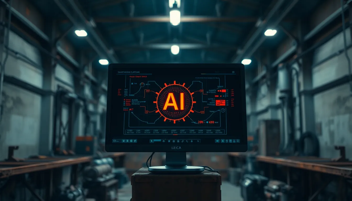 This powerful image depicts a computer screen displaying intricate AI algorithms in a stark industrial setting. Harsh overhead lighting highlights the screen's details while creating a gritty atmosphere with desaturated earth tones. The selective focus draws attention to the algorithms, blurring the surrounding elements of rusty metal and glass, emphasizing the contrast between advanced technology and raw industrial materials. The centered composition invites viewers to explore the tension between these two worlds.
