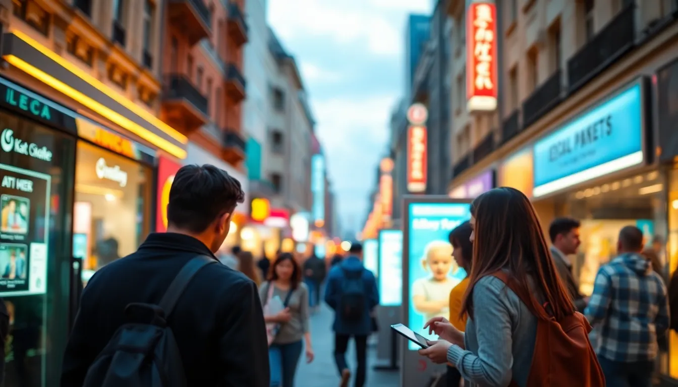 Urban Street Scene with AI Kiosks This vibrant image depicts a bustling urban street at dusk, filled with pedestrians engaging with AI-driven kiosks. The warm light from the kiosks enhances the liveliness of the scene, creating a welcoming atmosphere. With a shallow depth of field, the focus is drawn to individuals as the busy background elegantly blurs. The composition utilizes the rule of thirds to create visual interest, making it a compelling representation of technology in everyday life.