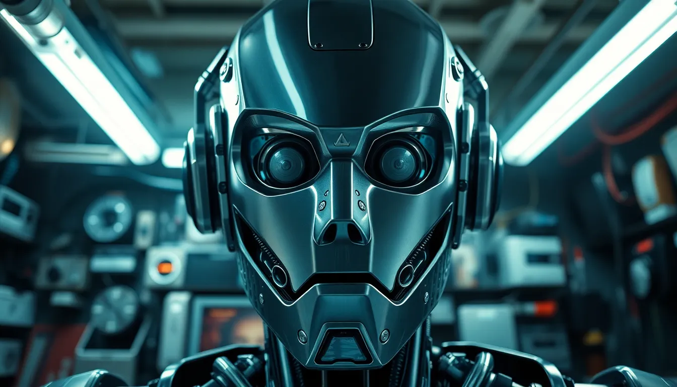 A mesmerizing close-up image of a robot showcasing its complex circuitry and sleek metallic design. The dramatic lighting accentuates the textures and details, while the rich color palette adds depth to the composition. The shallow depth of field draws attention to the robot's features, creating an engaging connection with viewers. This image illustrates the sophistication behind artificial intelligence robotics.