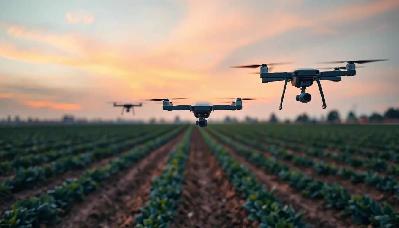 Smart Farm Landscape at Dusk with Drones This image reveals a breathtaking view of a smart farm at dusk, where autonomous drones monitor rows of crops. The warm twilight sky casts soft oranges and purples over the landscape, enhancing its serene beauty. With hyperfocal depth of field, every element from the rich soil to the metallic drones is in focus, creating a striking contrast. Composed with leading lines, the image draws the viewer's attention toward the horizon, illustrating the harmonious blend of nature and cutting-edge technology.