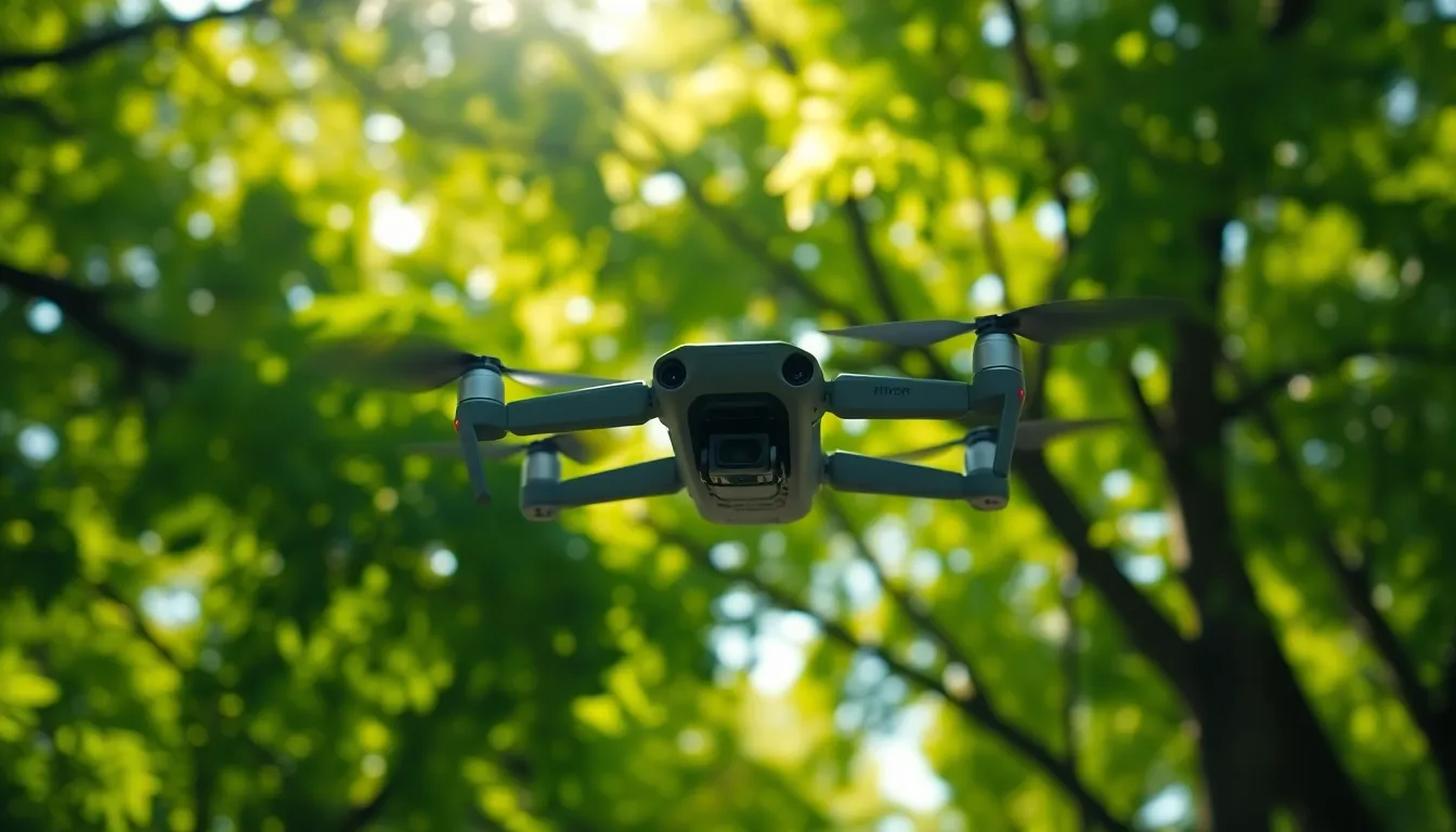 AI-Powered Drone Hovering in Nature This stunning image features an AI-powered drone hovering effortlessly amidst a lush, green forest. Captured in dappled sunlight, the scene highlights the futuristic technology against a serene natural backdrop. The vibrant greens create a refreshing mood while the soft bokeh draws attention to the drone's intricate details. The composition emphasizes balance, showcasing the harmonious coexistence of technology and nature.