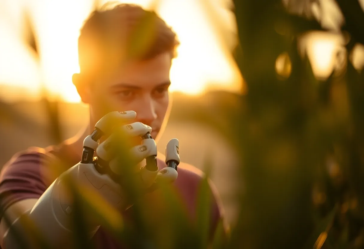 Human Interaction with AI Robotics In this evocative image, a person reaches out to a robotic hand during the golden hour, creating a warm and emotional atmosphere. Backlighting adds a halo effect, accentuating the connection between human and machine. Selective focus on the individual's eyes conveys awe and intrigue, while the natural muted color palette blends with the soft greens of the surrounding environment. The thoughtfully framed foreground enhances depth, inviting viewers into this moment of interaction.