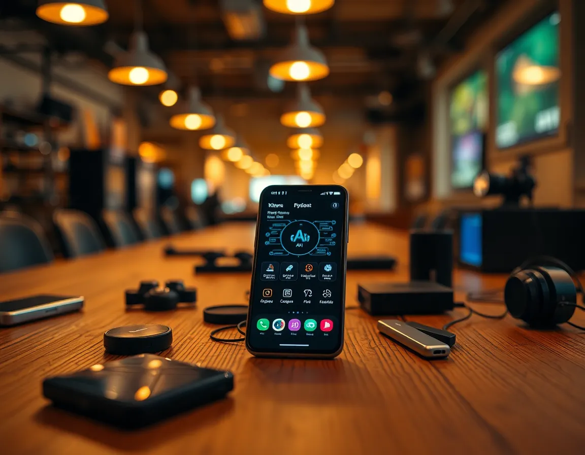 This close-up shot features a smartphone displaying a vibrant AI application interface, strategically placed on a rustic wooden table surrounded by various tech gadgets. The warm tungsten lighting creates a cozy atmosphere, while the selective focus highlights the intricate details of the app, making it the focal point of the image. The use of saturated colors inspired by Fujifilm Velvia brings energy to the scene, and the composition uses leading lines to direct the viewer's eye towards the smartphone.