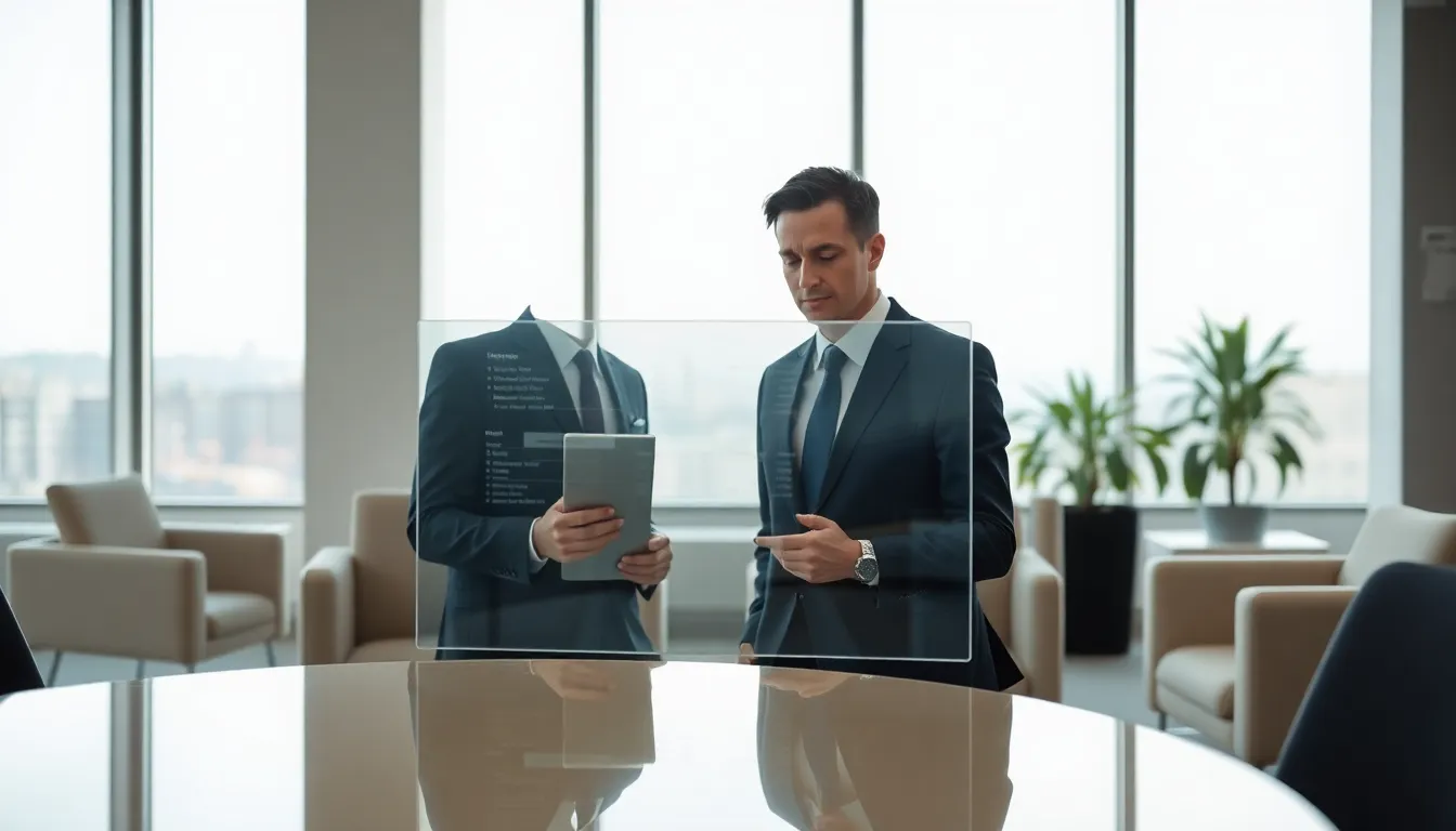Business Professional Using Digital Screen This professional image features a business individual engaged with a transparent digital screen in a contemporary office setting flooded with natural light. The subject's focused expression highlights their engagement with essential data analysis. The muted colors and reflective textures of the environment evoke a sense of calm professionalism, making it ideal for corporate themes.
