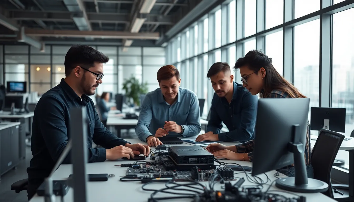 This image captures a collaborative environment in a high-tech AI development space, where diverse engineers work together over a sophisticated AI development board. Overcast daylight casts a soft glow, enhancing the modern atmosphere. With everything from foreground to background sharply in focus, the intricate details of the technology are illuminated. The dynamic composition utilizes leading lines to draw attention to the engineers' focused interactions, creating an engaging representation of innovation.