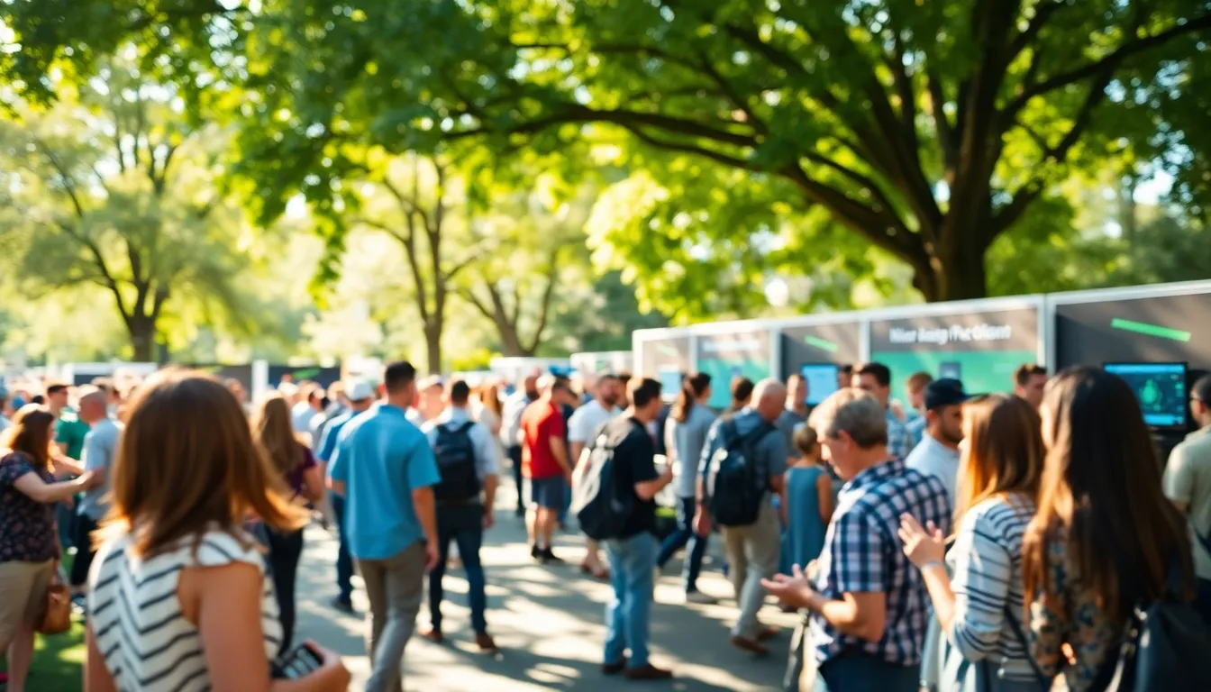 This vibrant outdoor scene captures a lively tech exhibition filled with people exploring various AI-powered gadgets. The dappled sunlight creates a dynamic interplay of light and shadow, enhancing the vibrant greens and blues of the surroundings. The composition features leading lines that guide the viewer's eye towards a prominent booth, showcasing the excitement and innovation at the forefront of artificial intelligence and technology.
