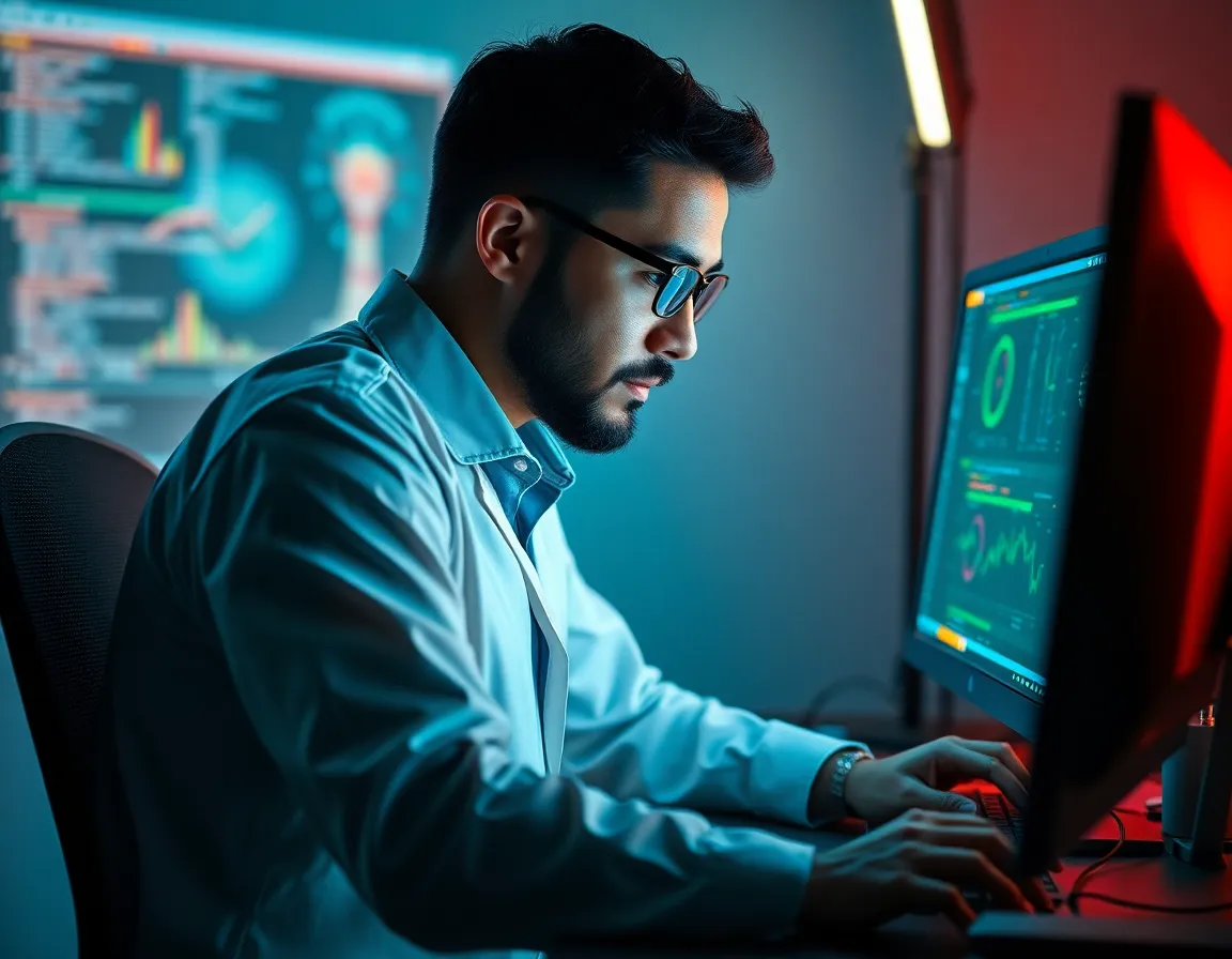 Computer Scientist Coding AI Software This powerful image showcases a computer scientist immersed in the process of coding artificial intelligence software, illuminated by a carefully crafted studio lighting setup. The dramatic teal and orange color grading, combined with sharp focus across the scene, creates a striking visual effect. The composition captures the intensity of the coder's concentration, highlighting the dual monitors filled with code. The contrasting studio light adds depth to this engaging technological moment.