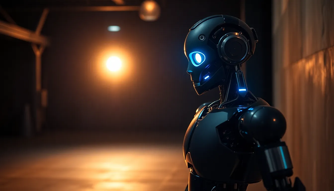 A humanoid robot stands illuminated by a solo spotlight in a dim industrial environment, showcasing its intricate mechanical details. The contrast between cool metallic tones and warm lighting emphasizes its features, while the shallow depth of field draws the viewer's focus to its glowing blue eyes. The gritty concrete floor and high-tech design elements create an atmosphere of advanced technology and innovation.