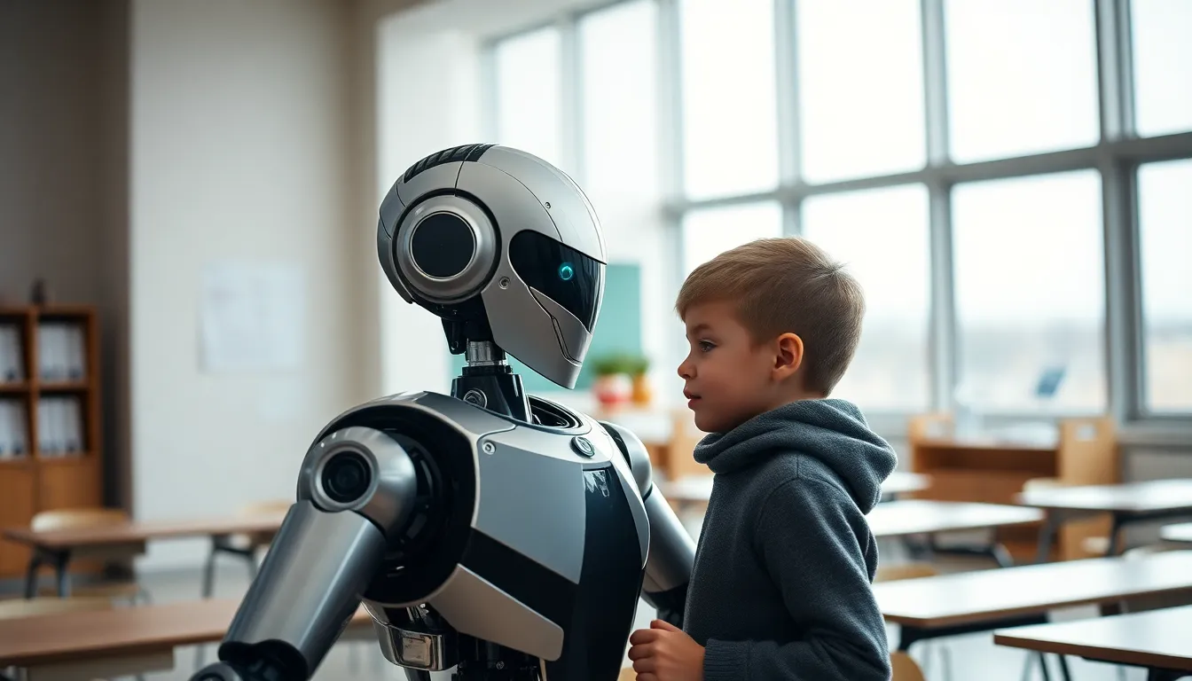 Child and Robot Interaction in Classroom A heartwarming scene depicting a humanoid robot engaging with a curious child in a contemporary classroom setting. The overcast daylight creates a calm atmosphere, illuminating the sleek metallic surfaces of the robot and soft textures of the child's clothing. The focus on their interaction draws the viewer in, highlighting the potential of technology in education. The composition effectively blends modern design with human emotion, creating a striking visual impact.