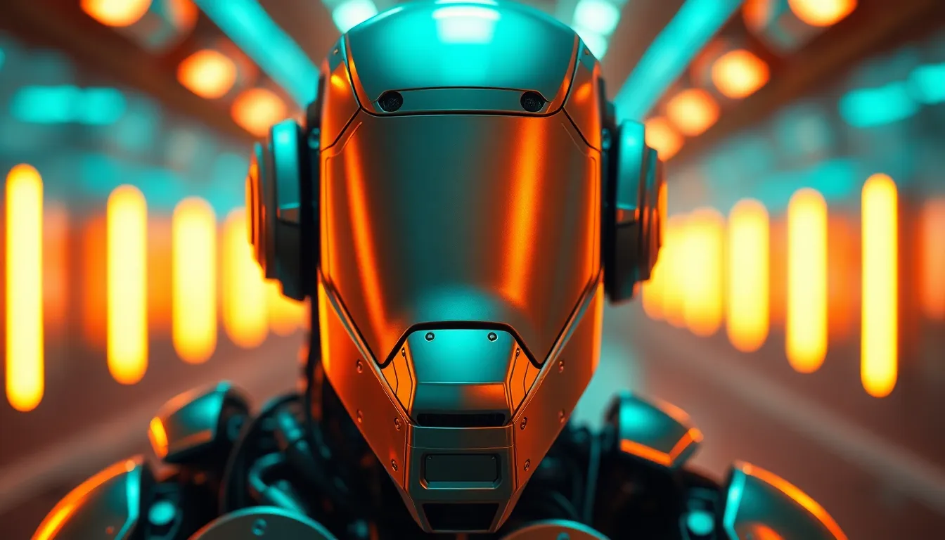 This striking image features a humanoid robot designed with intricate circuitry, brilliantly illuminated by vibrant neon lighting. A shallow depth of field emphasizes the robot's polished metallic surfaces and complex design, creating a futuristic atmosphere. The cinematic teal and orange grading adds visual interest, while the centered composition draws the viewer's attention directly to the advanced technology on display. The robot stands against a blurred urban backdrop, suggesting innovation and the future.