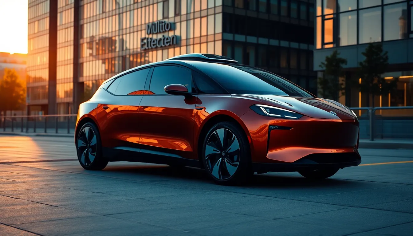 An autonomous electric vehicle is showcased in a modern urban environment during golden hour, with warm light enhancing its sleek design. The interplay of light and shadow adds depth to the scene, while the sharp focus captures both the vehicle and its contemporary surroundings. Influenced by the innovative spirit of electric technology, this image illustrates the future of transportation amidst a vibrant city backdrop.