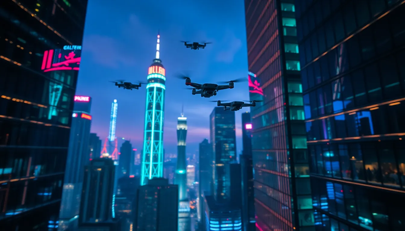 This breathtaking image showcases a futuristic city skyline at dusk, alive with the movement of drones gliding between towering skyscrapers. Vibrant neon lights reflect off glass surfaces, illuminating the scene with an electric energy. A shallow depth of field adds a dreamlike quality, enhancing the depth of the composition as diagonal lines lead the viewer's eye through the urban landscape. The rich color palette of deep indigos and electric greens evokes a sense of technological innovation, making this a striking representation of artificial intelligence in urban environments.