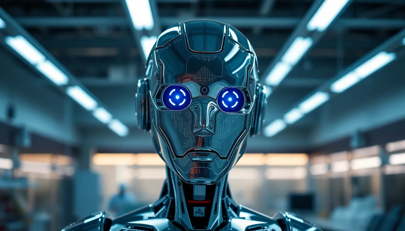 Humanoid Robot in High-Tech Laboratory This vivid image captures a humanoid robot in a sleek laboratory setting, illuminated by cool fluorescent lights. The robot's polished chrome surface reflects its surroundings, while its LED eyes convey emotion. With a soft focus background, the composition emphasizes innovation and technology. Cool metallic blues dominate the color palette, enhancing the futuristic atmosphere.