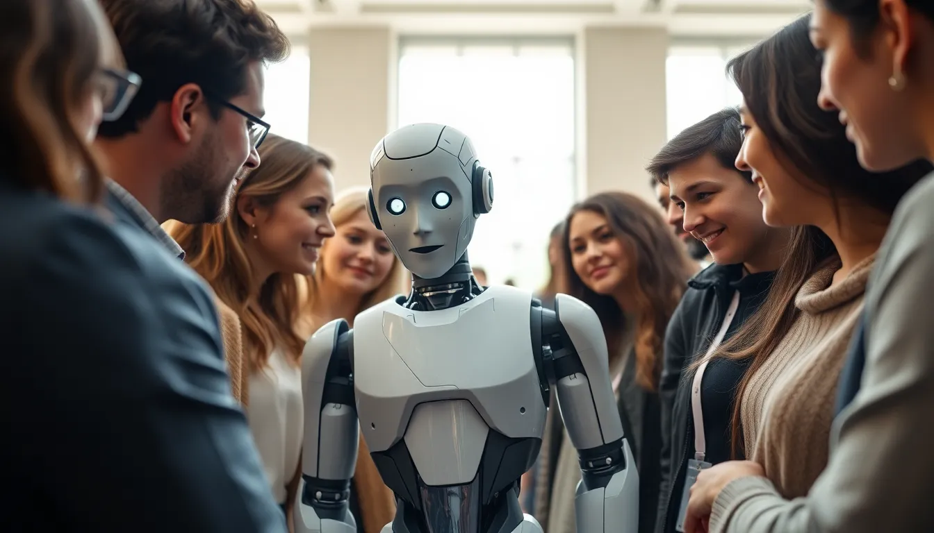 Engaging with AI: Human-Robot Interaction This vibrant image captures a diverse group of individuals interacting with a humanoid robot in a conference hall filled with natural light. The expressions of curiosity and wonder are highlighted, with the soft blur of the background emphasizing the harmonious relationship between humans and technology. The composition draws the eye to the robot, symbolizing the future of AI and human collaboration.