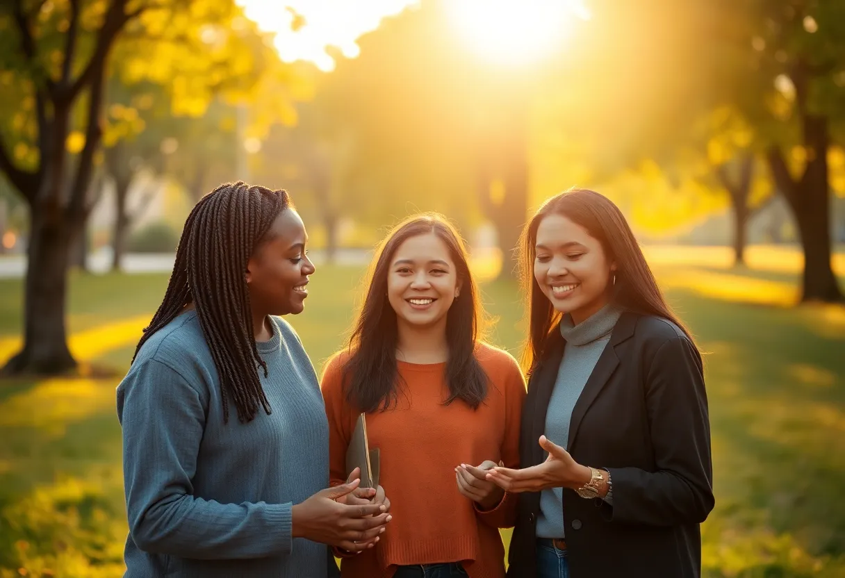 A vibrant and engaging image capturing a diverse group of three individuals passionately discussing AI technology in a sunlit park during golden hour. Backlighting creates a warm rim light around them, revealing natural skin textures and expressions full of curiosity. The shallow depth of field emphasizes their dynamic interaction against a beautifully blurred backdrop of trees. This captivating composition draws viewers into the mood of innovation and camaraderie.