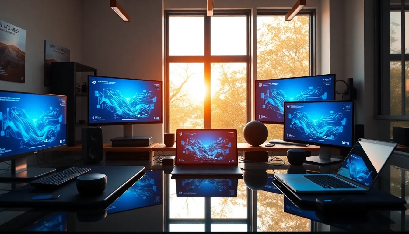 Modern Workspace with AI Technology A modern workspace is beautifully illuminated by soft morning light, showcasing a variety of AI technology devices like smart assistants and a sleek laptop. The hyperfocal focus emphasizes sharp details from the foreground to the back, creating an inviting atmosphere for innovation. Vibrant colors, inspired by Fujifilm Velvia, highlight the tech elements, while the clean lines and symmetrical layout bring a sense of balance to the composition. The image evokes a sense of productivity and future-forward thinking.