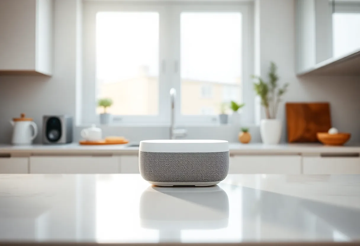 This image highlights a sleek AI-powered smart home device placed on a modern kitchen counter, illuminated by soft natural daylight. The serene color palette of warm whites and pastel hues creates a tranquil atmosphere, while the sharp focus on the device reveals its elegant design. The composition centers the device, making it the focal point of this innovative kitchen setting, illustrating the intersection of technology and home life.