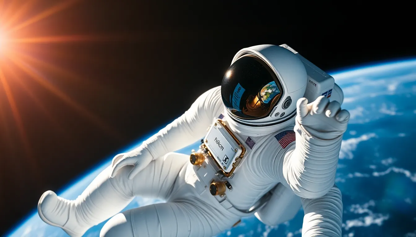 Astronaut Floating in Space with Earth Reflection This striking image shows an astronaut floating in the vastness of space, their helmet reflecting the stunning colors of Earth. Captured with precise clarity, the contrast between the black void and the bright spacesuit creates a mesmerizing scene. The sunlight highlights the details of the suit while warm tones and rich blacks dominate the image's palette, imbuing it with a sense of adventure and exploration. The composition draws the viewer’s eye to the reflective helmet, serving as a portal to the beauty of our planet.