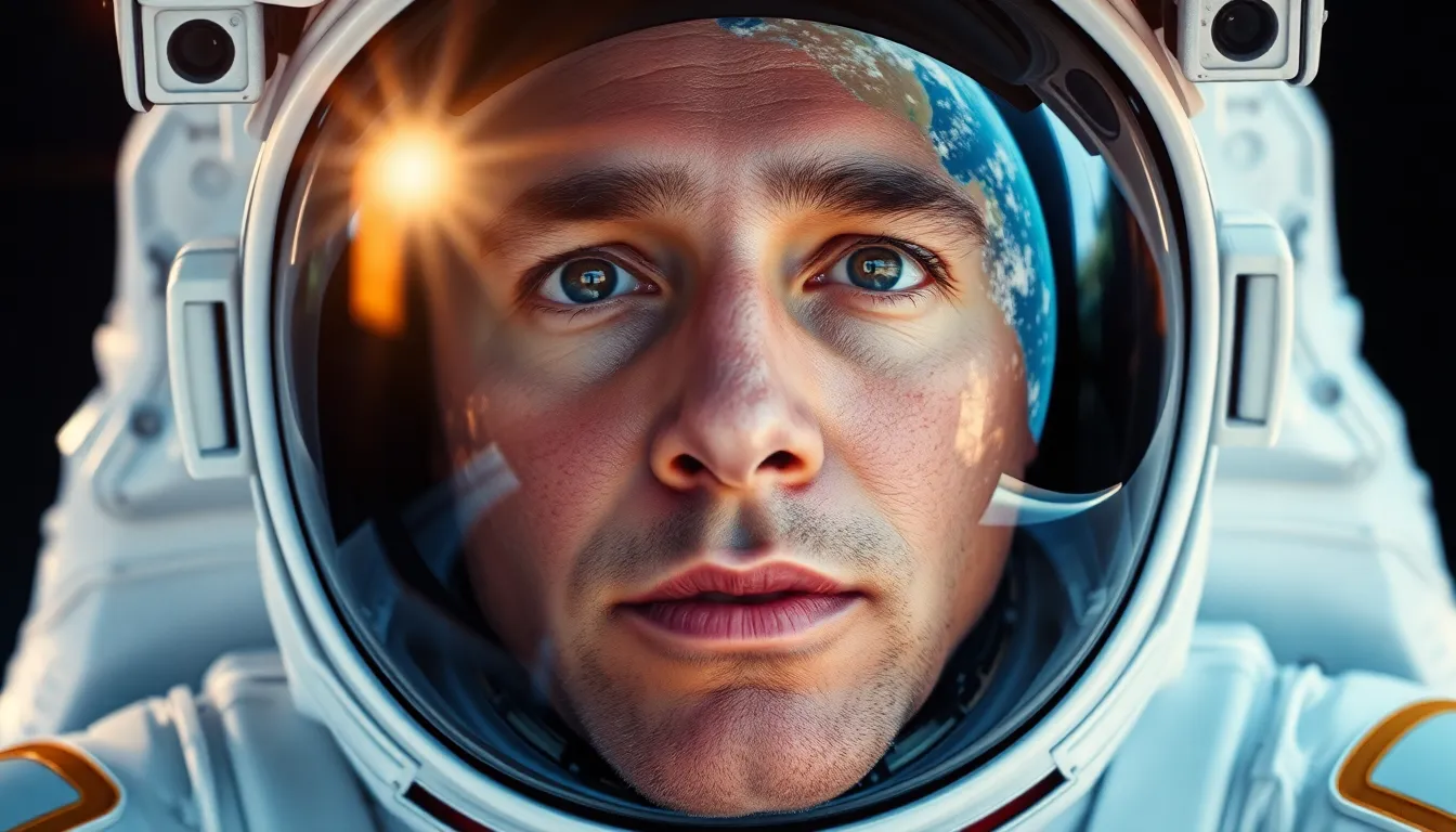 Astronaut Reflecting Earth in Visor This stunning close-up captures the face of an astronaut, their expression filled with wonder as the Earth reflects in their visor. Natural sunlight creates dramatic highlights, enhancing the details of the astronaut's features and the vivid colors of the planet. The sharp focus achieved through hyperfocal distance accentuates both the face and reflection, delivering a powerful message about exploration and humanity's connection to Earth. The symmetrical composition draws attention to the subject while highlighting the extraordinary perspective of space.