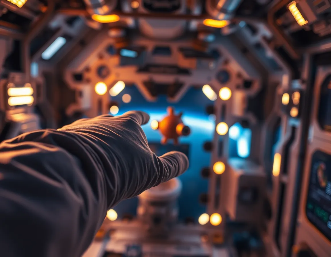 Astronaut Hand Reaching for Floating Tool This striking close-up showcases an astronaut's gloved hand reaching for a floating tool inside a space station. The dramatic backlighting from the station's interior creates an interesting contrast between warm and cool tones, highlighting the texture and details of the glove. With a shallow depth of field, the tool comes into sharp focus, making the scene dynamic and engaging. The composition effectively guides the viewer's eye toward the astronaut's hand, capturing the meticulous work of space explorers.