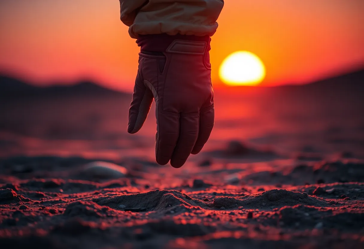 Astronaut Touching Alien Planet Surface In this striking close-up image, an astronaut's gloved hand gently touches the rough surface of an alien planet as the sun sets. The warm orange and purple hues from the sunset illuminate the scene, highlighting the intricate details of the glove. The soft-focus background enhances the sense of otherworldliness, inviting viewers to imagine the vastness of exploration. This moment encapsulates the wonder and curiosity inherent in space exploration.