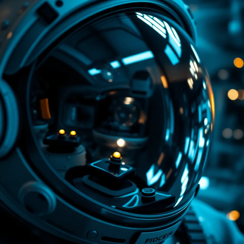 Close-Up of Astronaut Helmet Reflecting Space Station