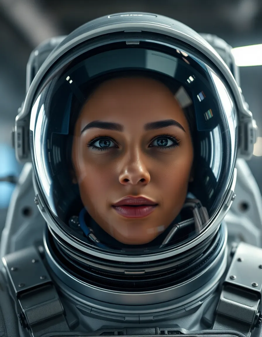 Female Astronaut Preparing for Launch This striking close-up portrait features a female astronaut in her helmet, ready for launch. Studio lights highlight the intricate textures of her suit and helmet, while her determined expression reveals her readiness for space travel. The reflection in her visor adds depth to the scene, hinting at the technology involved in her mission. The metallic and crisp colors convey the cutting-edge nature of space exploration and the strength of those who embark on these journeys.