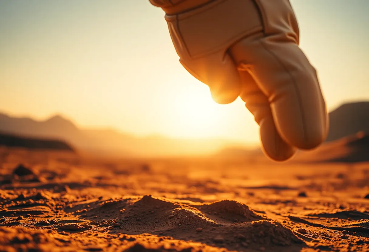 Astronaut Touching Martian Soil In a close-up view, an astronaut's gloved hand reaches towards the reddish soil of Mars during golden hour. The warm sunlight bathes the scene in a sense of adventure and discovery, highlighting the glove's intricate details and the unique texture of the Martian landscape. The earthy tones evoke the planet’s rugged beauty, while the shallow depth of field draws focus to the significance of human exploration. This image captures the essence of curiosity in the vastness of space.