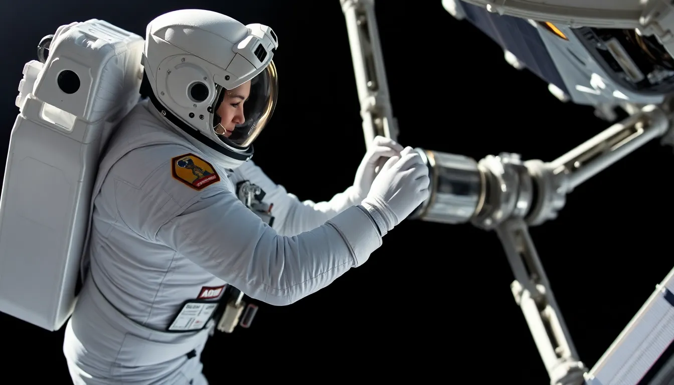 Female Astronaut Repairing Satellite in Space
