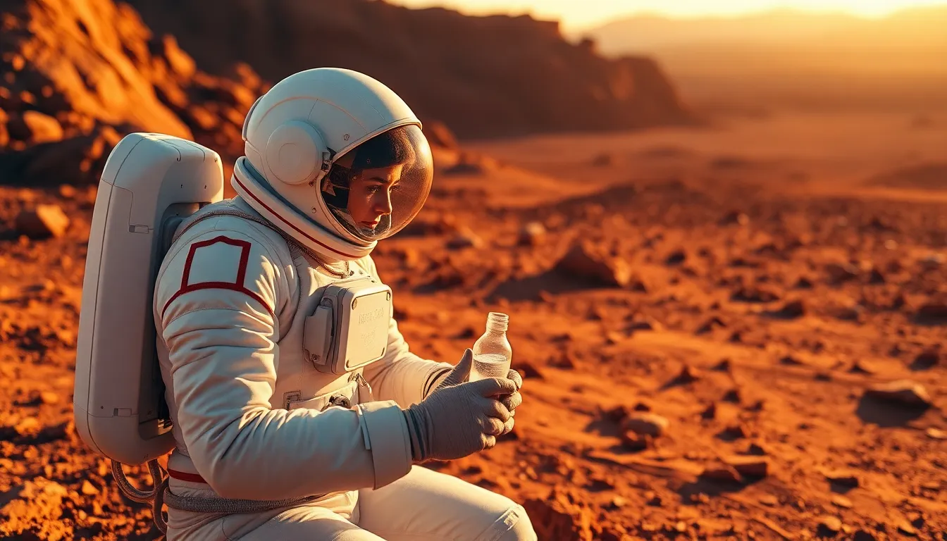 Astronaut Conducting Experiment on Mars An intrepid female astronaut meticulously performs experiments on the rugged terrain of Mars, surrounded by the planet's iconic red rocks. The golden-hour light bathes the scene in warm hues, enhancing the otherworldly feel of the Martian landscape. With every detail in focus, from the astronaut's suit to the scattered rocks, the image conveys a strong sense of exploration and scientific endeavor. The captivating colors and textures immerse the viewer in the unique environment of the Red Planet.