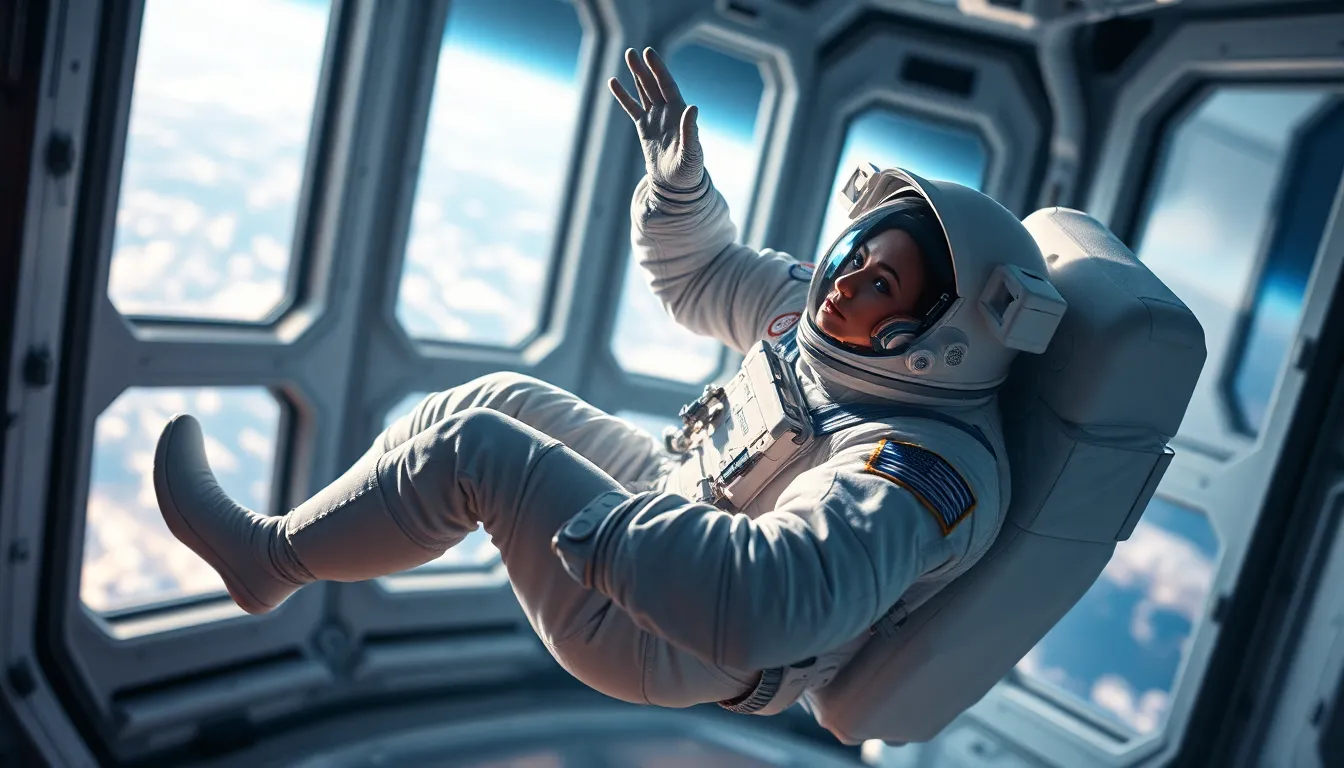 Floating Female Astronaut in Space Station
