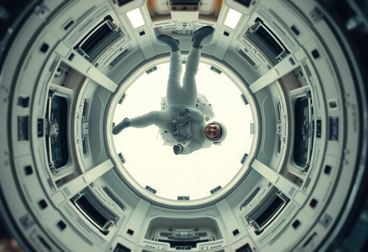 Female Astronaut Floating in Microgravity